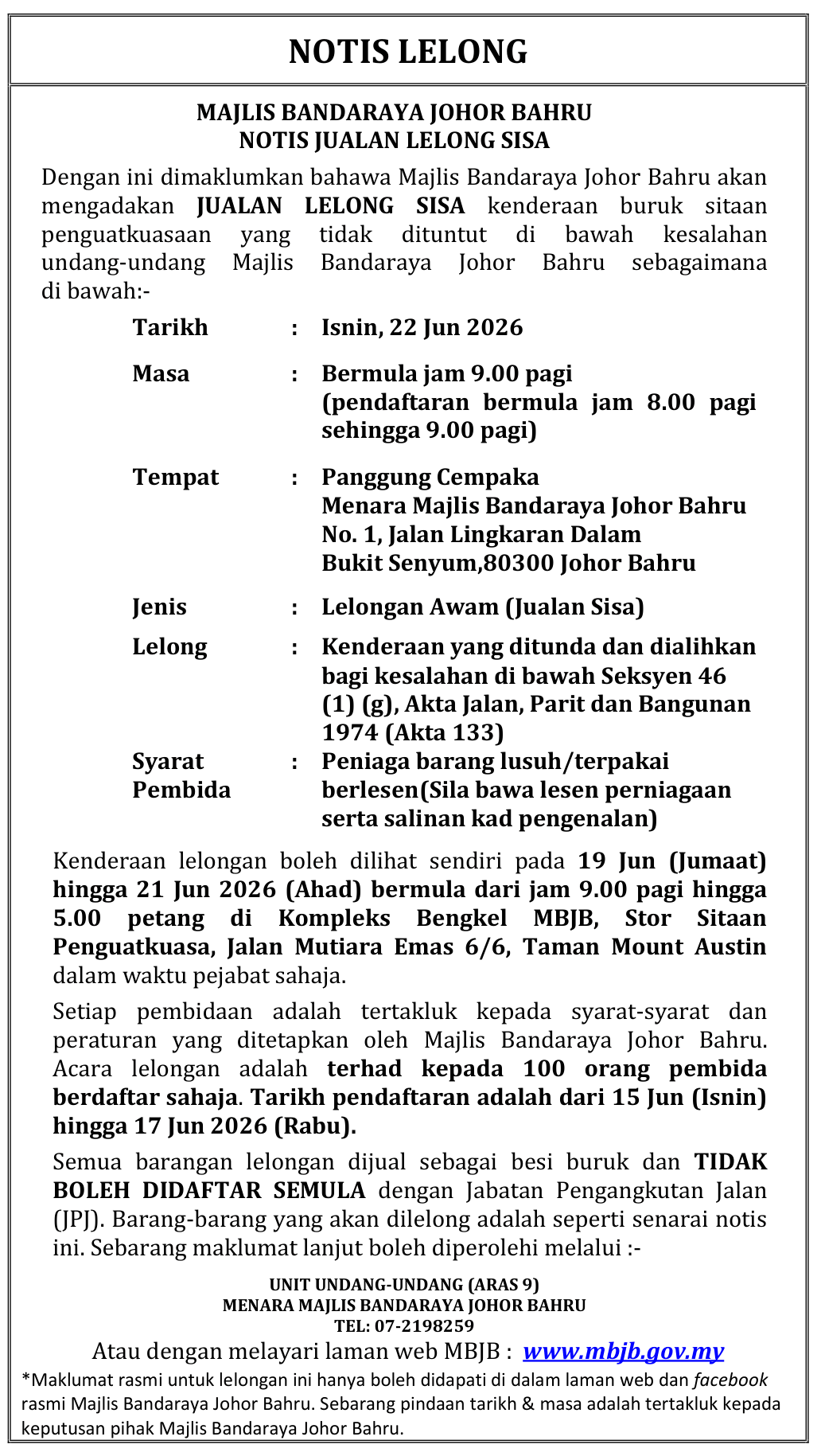 Notis Jualan Lelong Sisa Kenderaan Buruk
