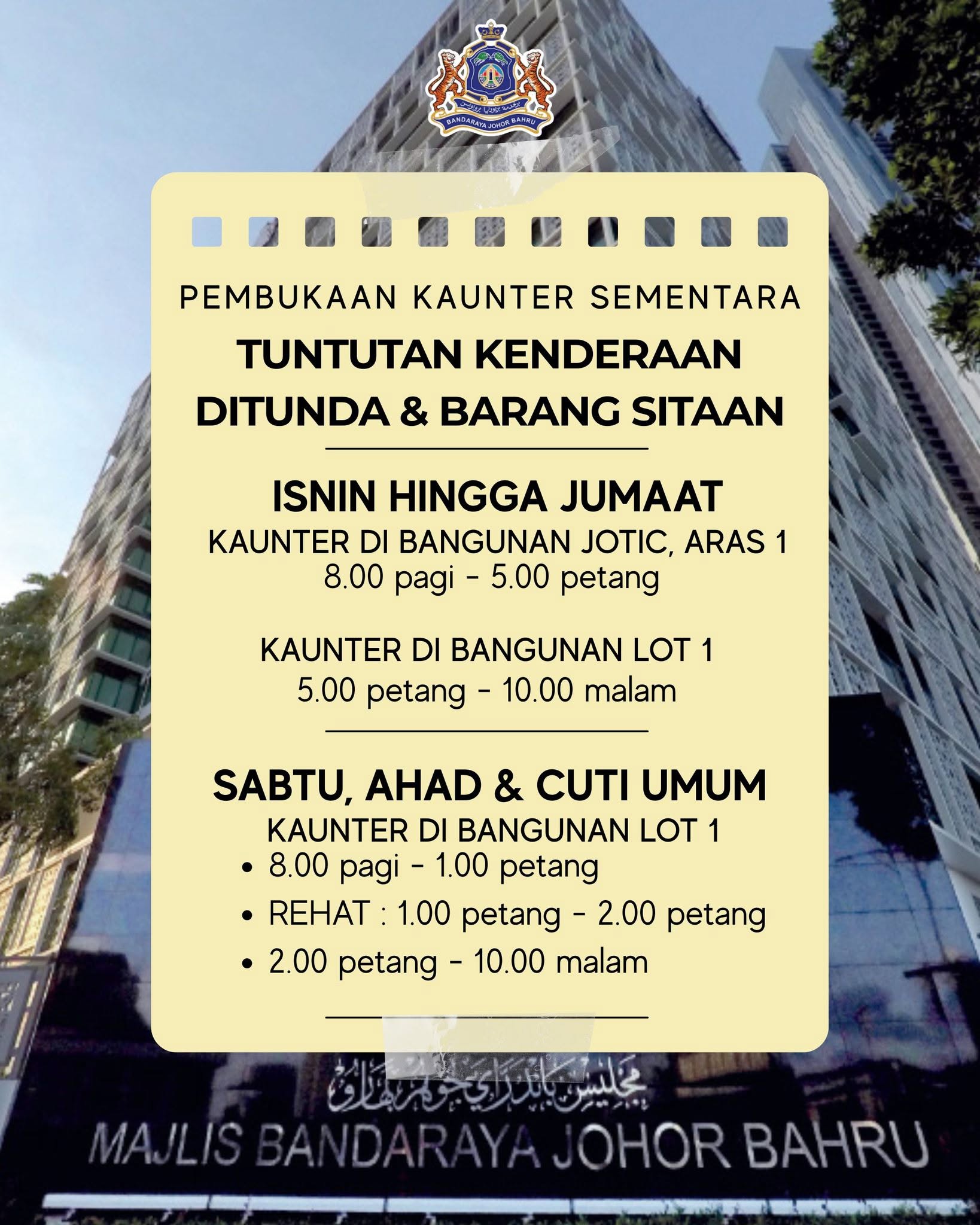 Kaunter Sementara Tuntutan Kenderaan Tunda
