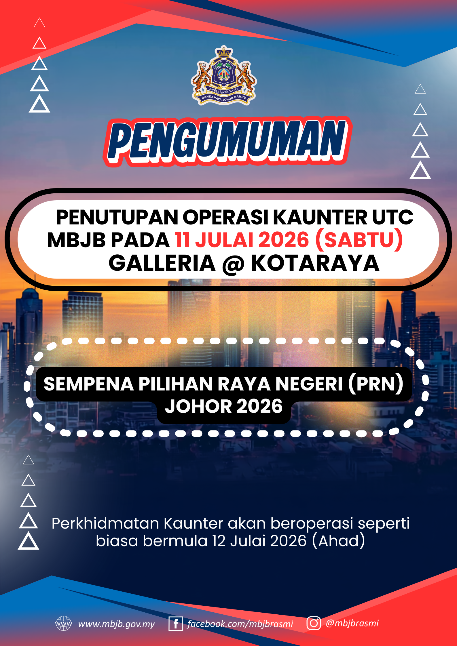 Penutupan Operasi Kaunter UTC MBJB