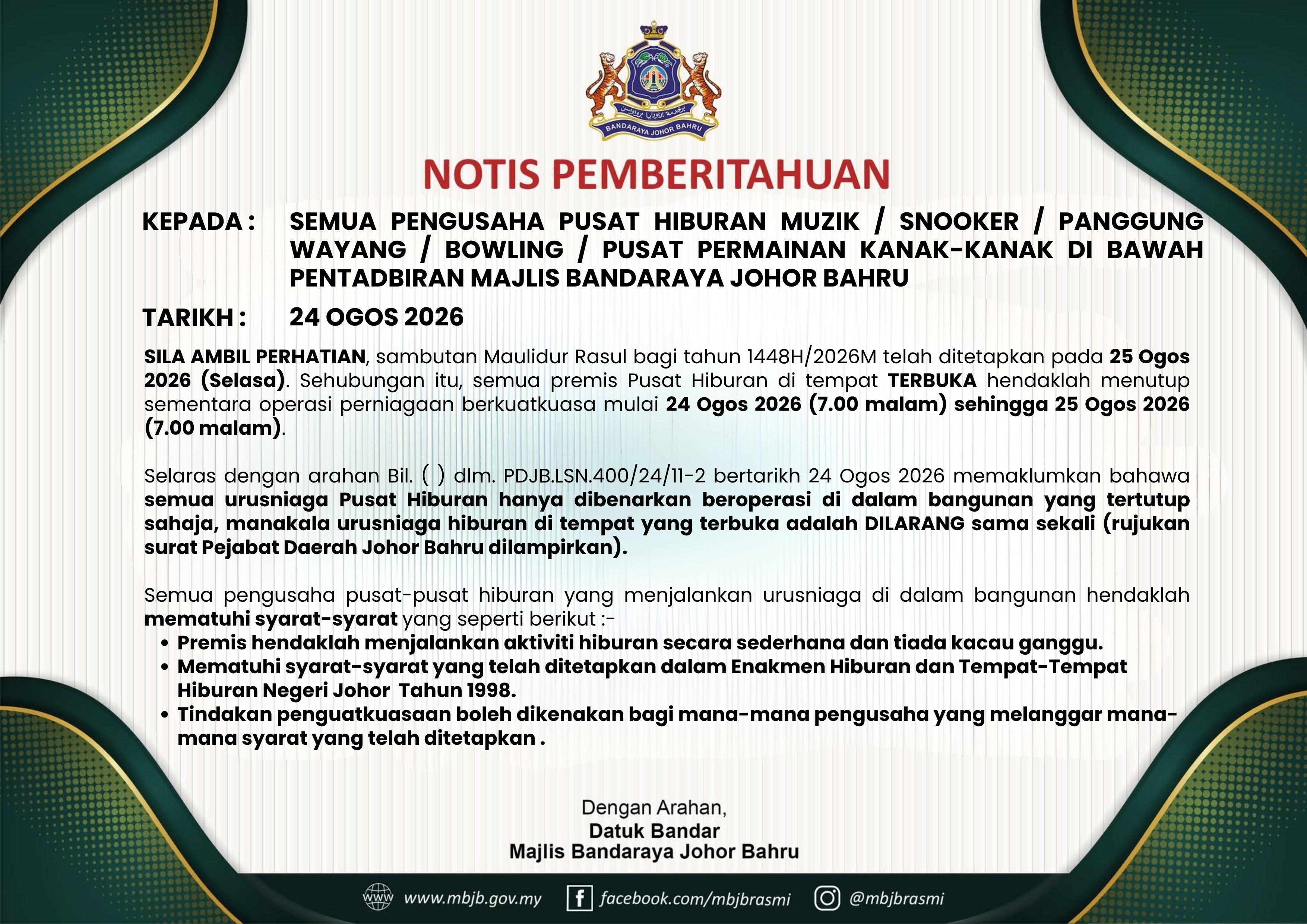 Penutupan Sementara Operasi Pusat Hiburan