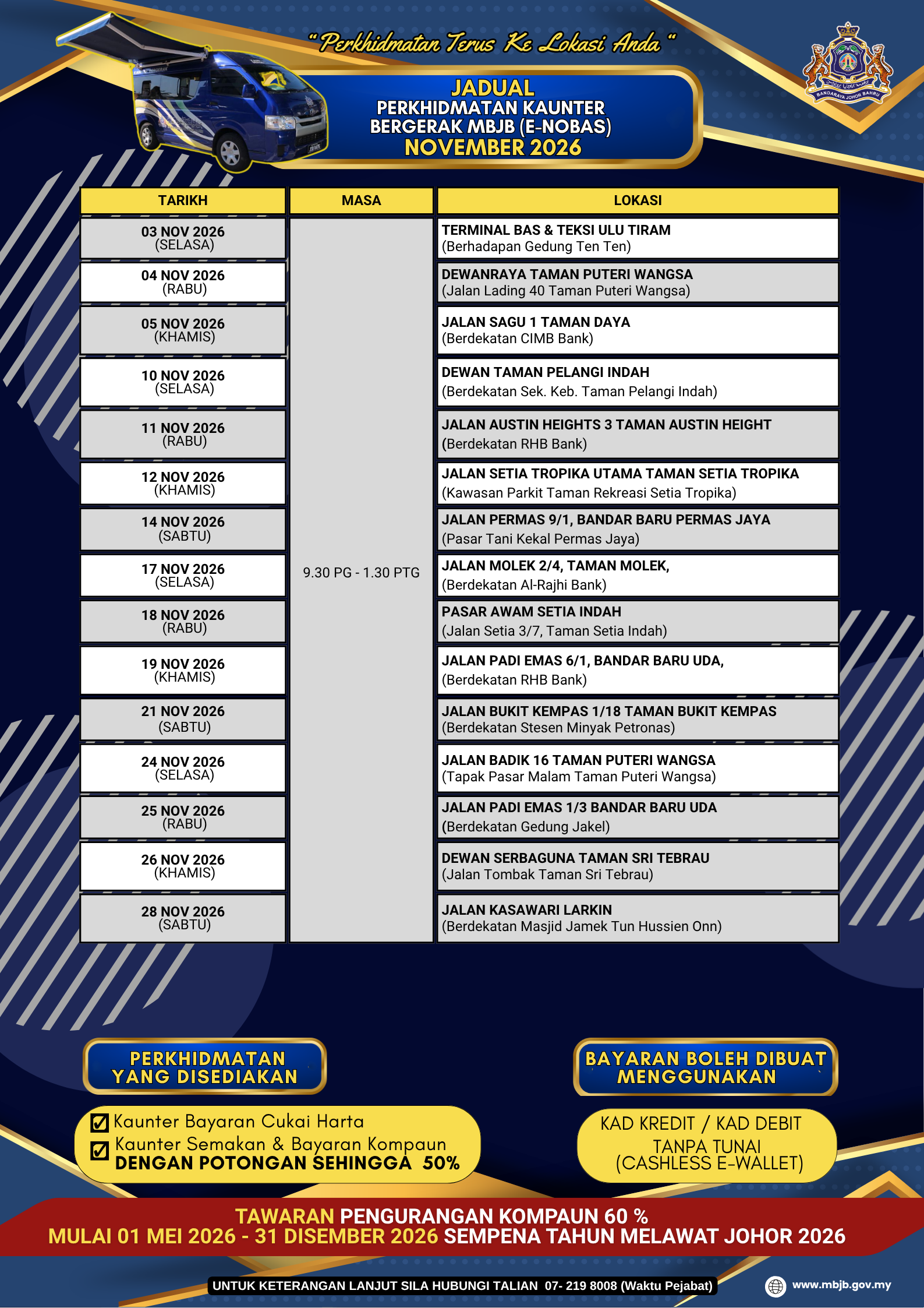 jadual kaunter bergerak november 2026