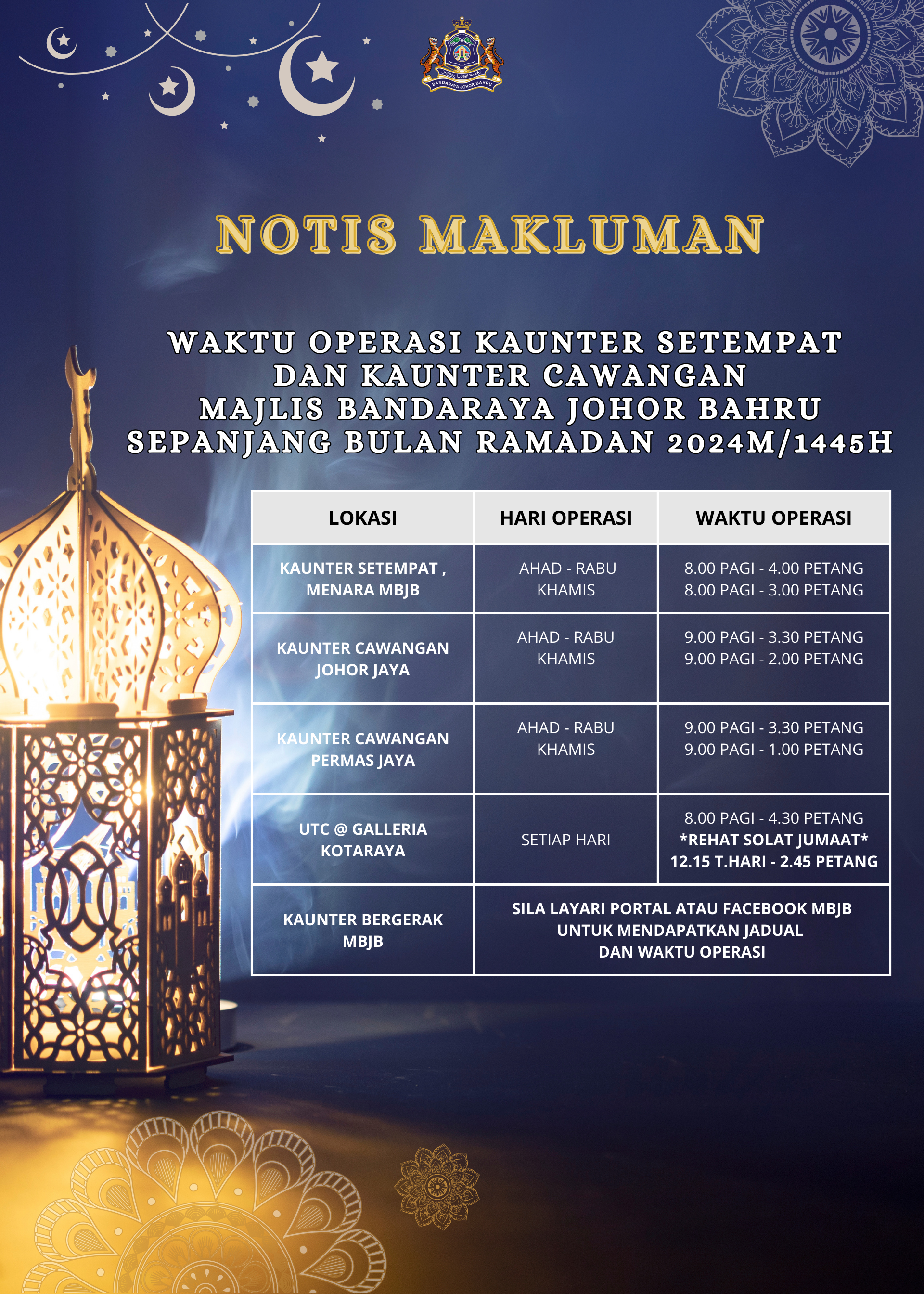 Waktu Operasi Kaunter Ramadan