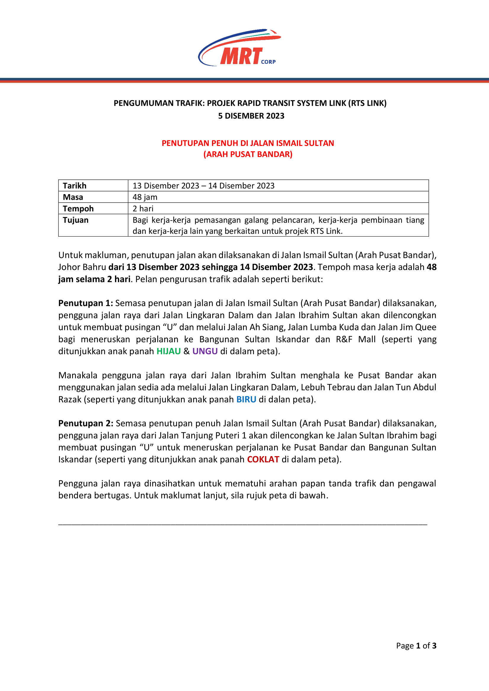 Pengumuman Trafik : Projek Rapid Transit System Link (RTS LINK ...
